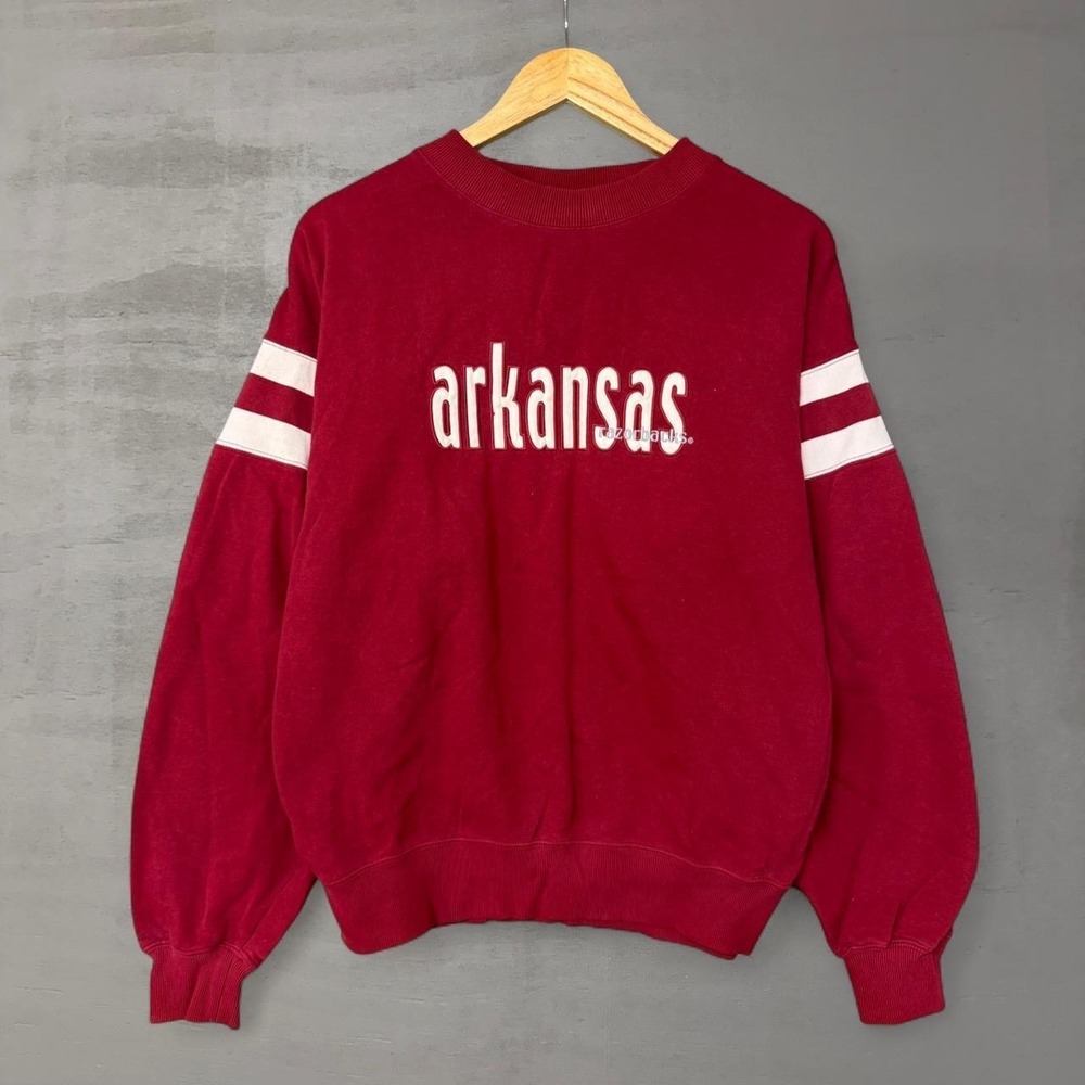 Vintage Red Oak Arkansas‎ Razorbacks Sweatshirt Cute Large Red Crewneck Striped